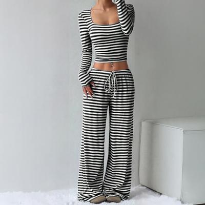 Yousheng Women's Striped 2 Piece Outfits Long Sleeve Square Neck Cropped Top Drawstring Wide Leg Pants Set Casual Lounge Sweatsuits