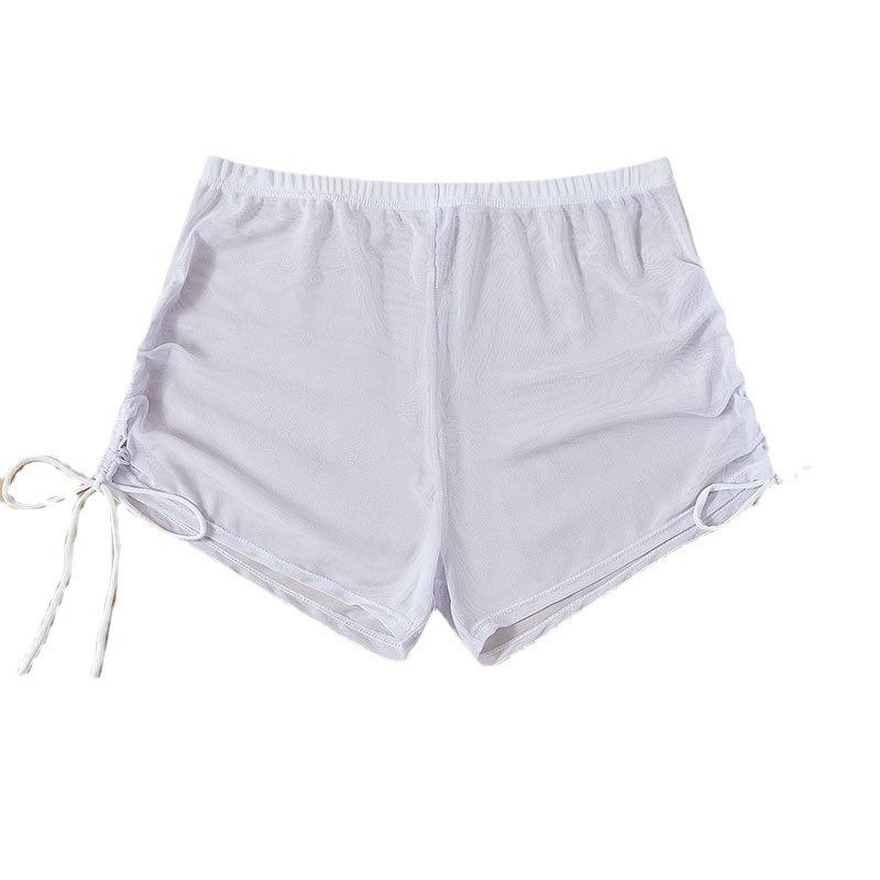 Women S Solid Color Sheer Mesh Drawstring Beach Bikini Shorts