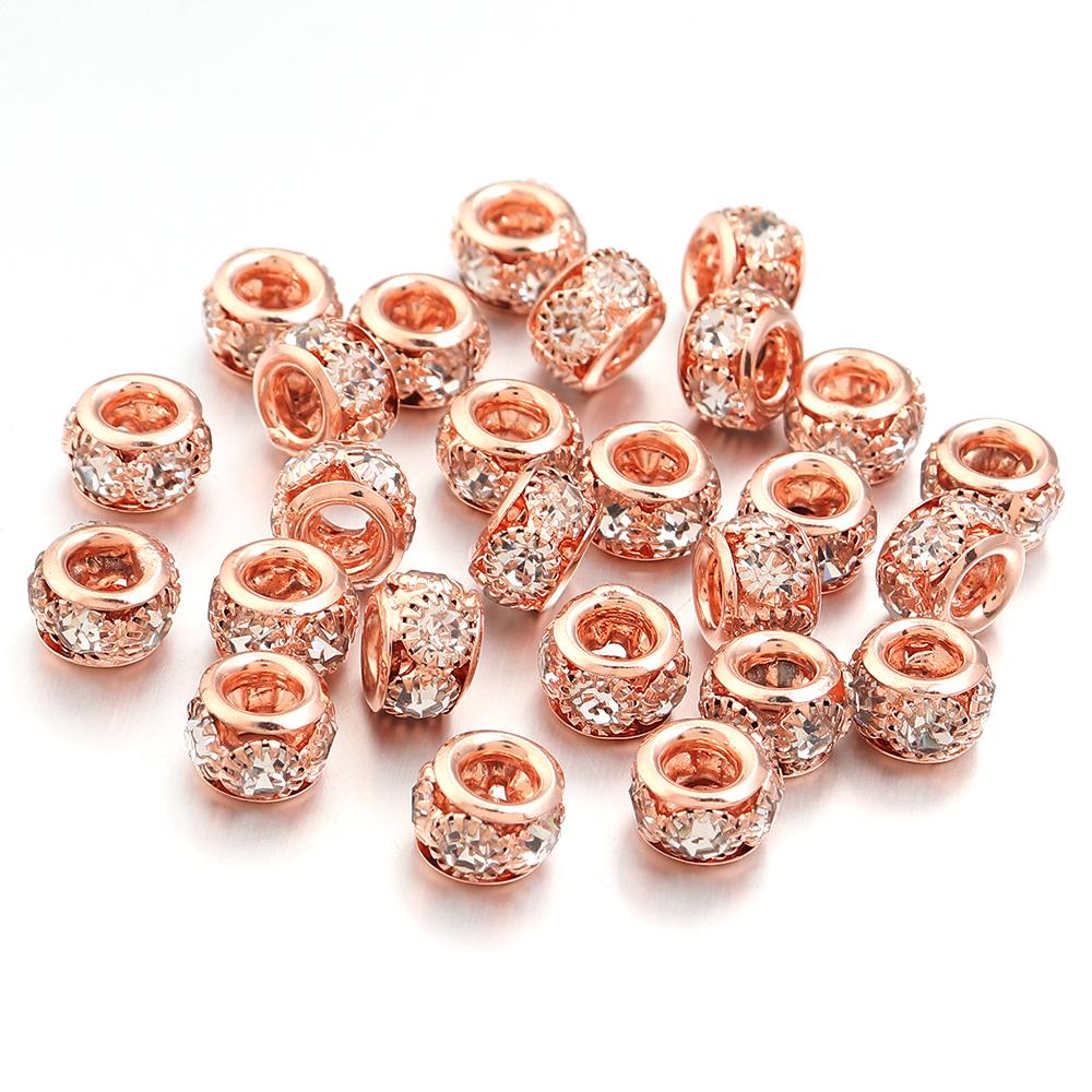 10pcs/lot Brass Rhinestone Metal Spacer Beads Big Hole Crystal Loose Beads For Jewelry Making DIY Necklace Bracelet Accessories