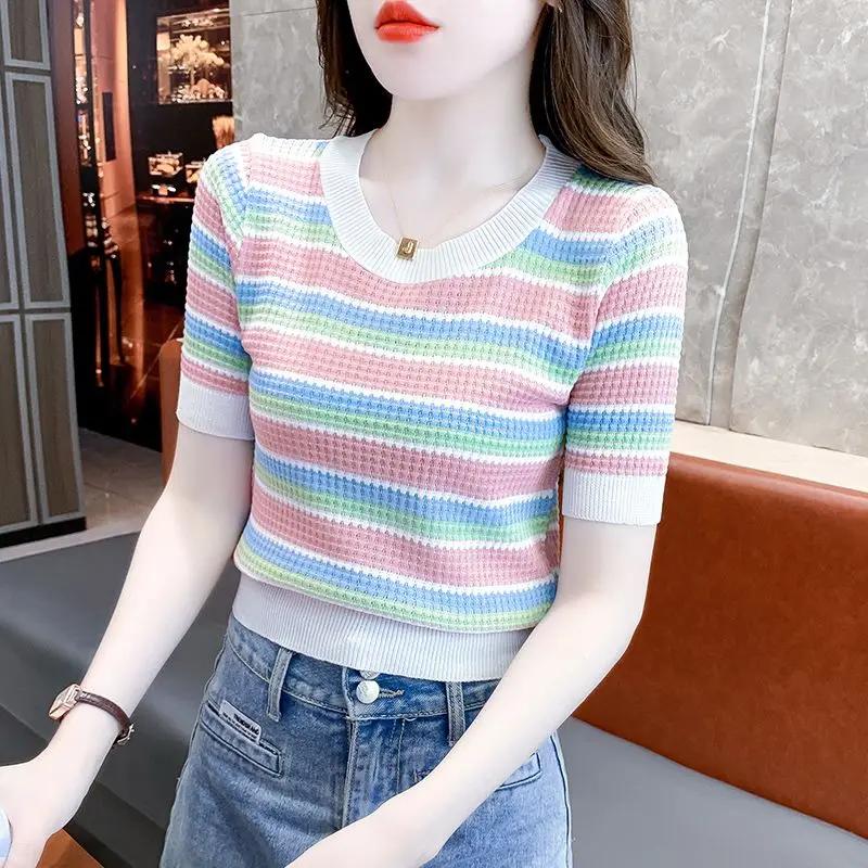 Summer Womens Casual Rainbow Striped Knit Tee Daily Top
