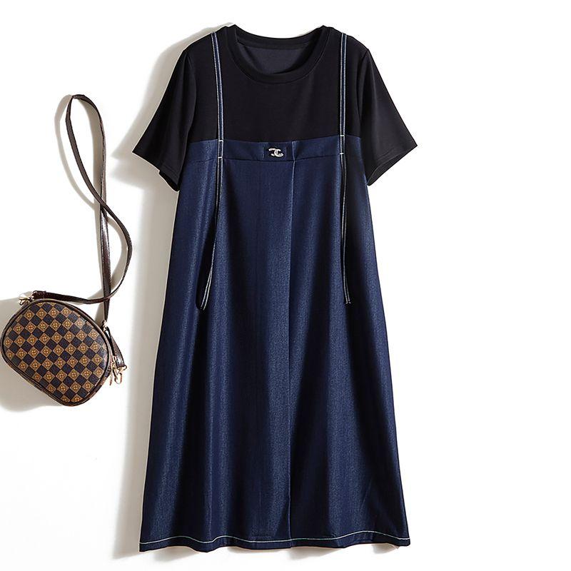 Variety Lady Fake Two-Piece Skirt! Summer round Neck Washed Anti-Wrinkle Denim Cotton Strap Element A- line Dress