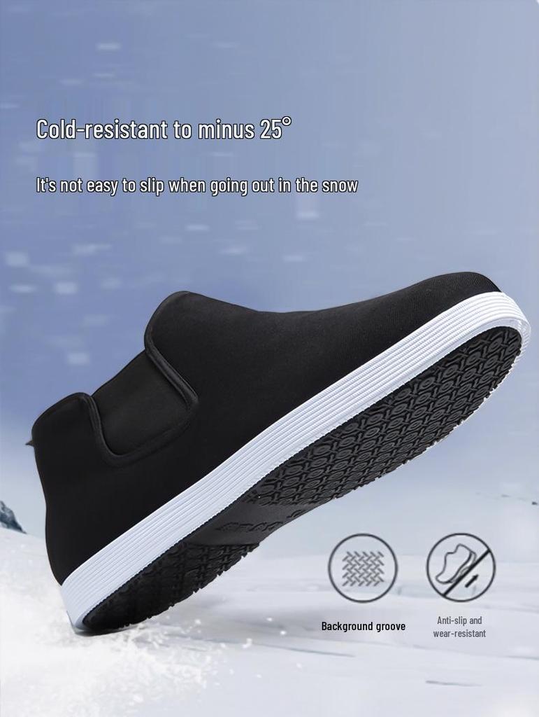 Men's Black High-Top Cloth Shoes - Rubber Sole, Cotton, Dustproof, Wear-Resistant, Breathable, Slip-On
