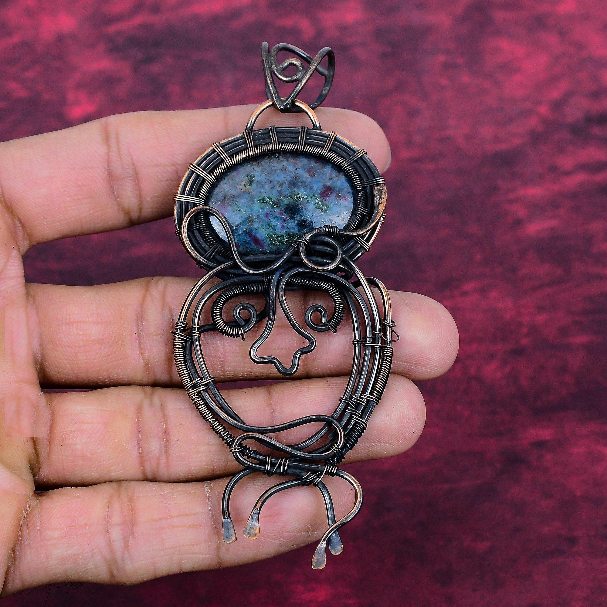 Ruby In Blue Kyanite Gemstone Pendant Copper Wire Wrapped Handmade Pendant