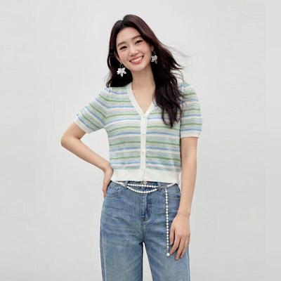 Women's Striped Knit V-neck Cardigan