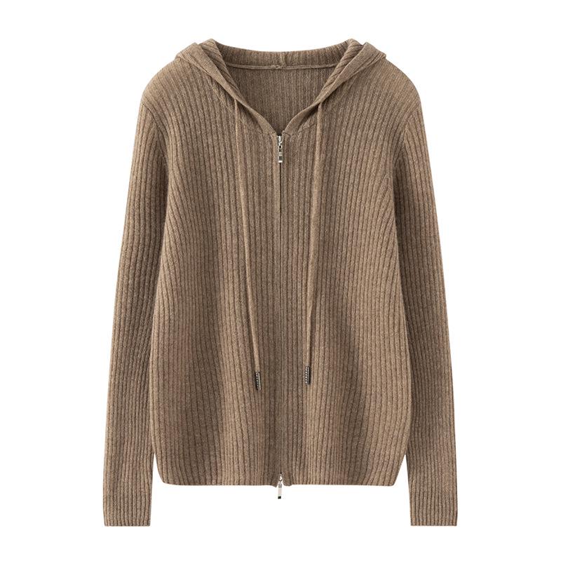 Women's 100% Pure Cashmere Striped Zipper Hooded Cardigan Sweater