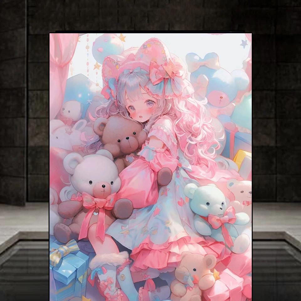 New Diamond Drawing Cartoon Girl and Gift Full Round Cartoon 5D Diy Embroidered Cross Mosaic Home Decoration Gift