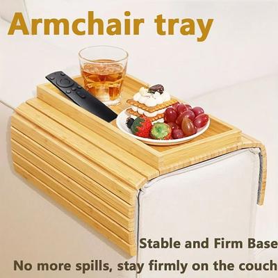 Portable Anti-Slip Couch Arm Tray Foldable Space-Saving Couch Arm Table Wooden Couch Cup Holder for Snacks/Cups/Phone
