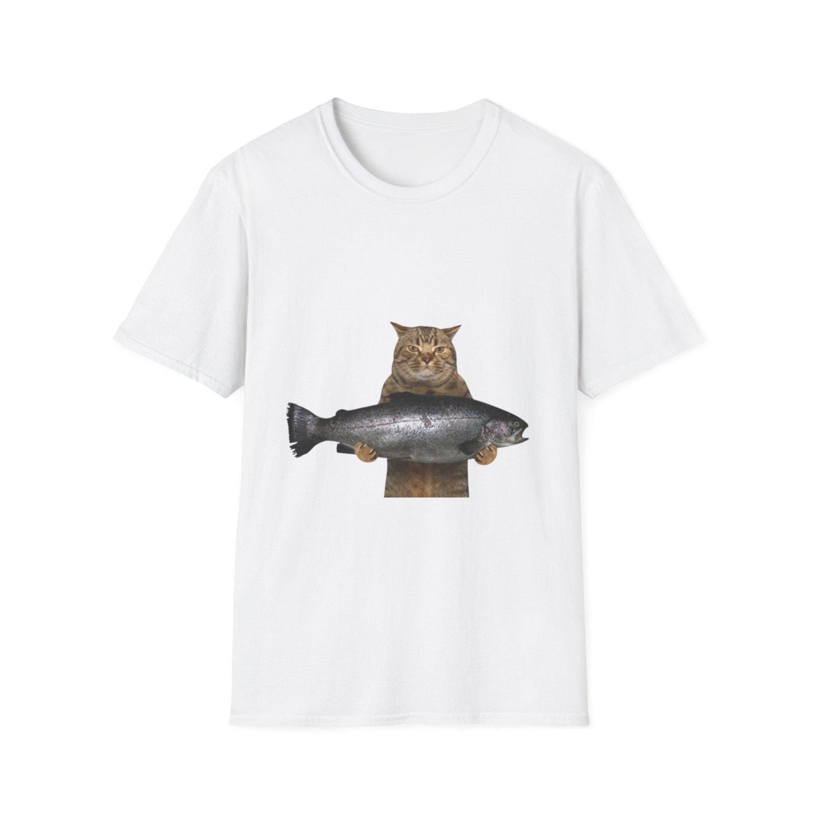 Cat Holding Salmon T-Shirt | Funny Cat Fish Design M