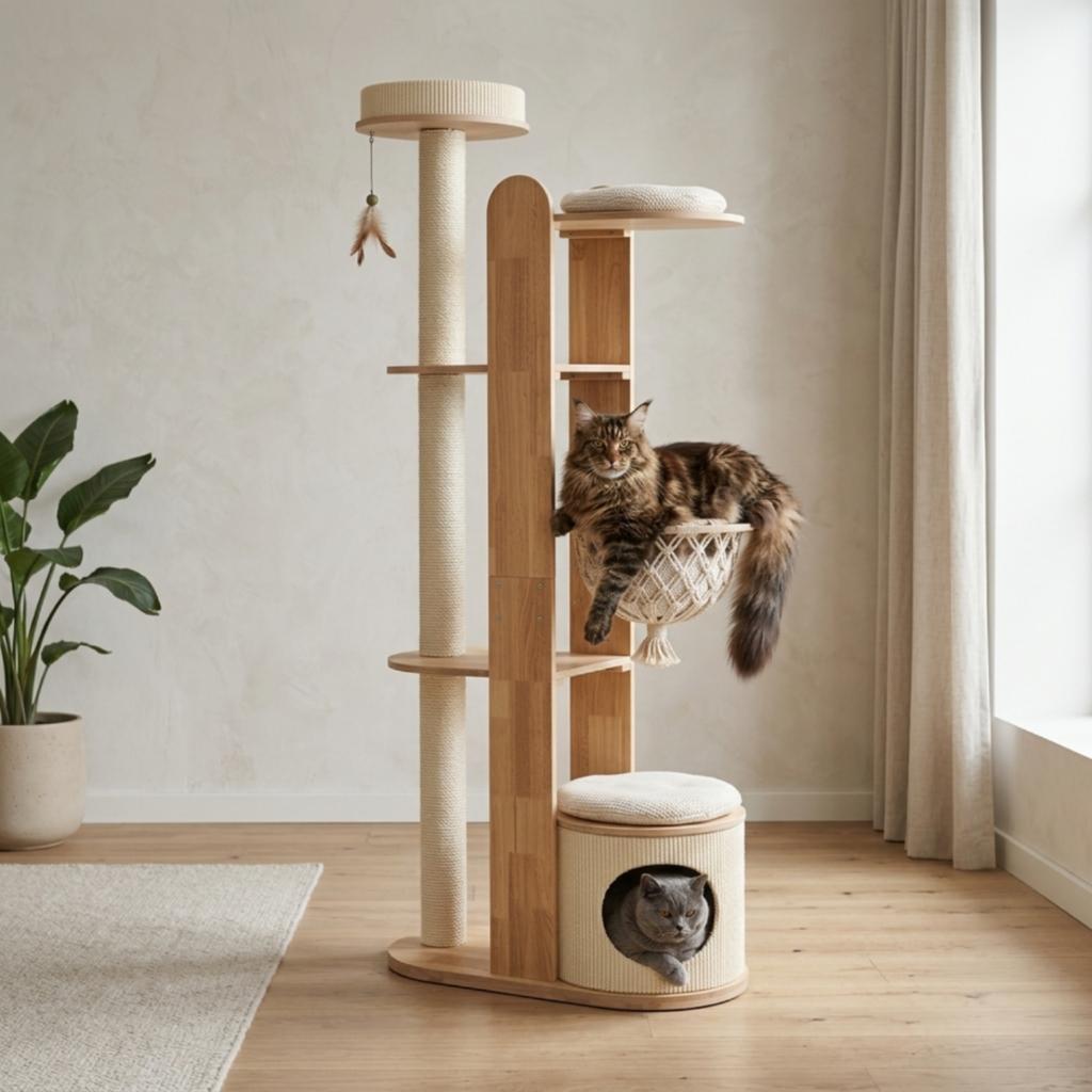 Cat Tree with Clear Bowl Tall Wooden Cat Cat Structure with Scratching Posts Pet Furniture Solid Wood Indoor for Cats
