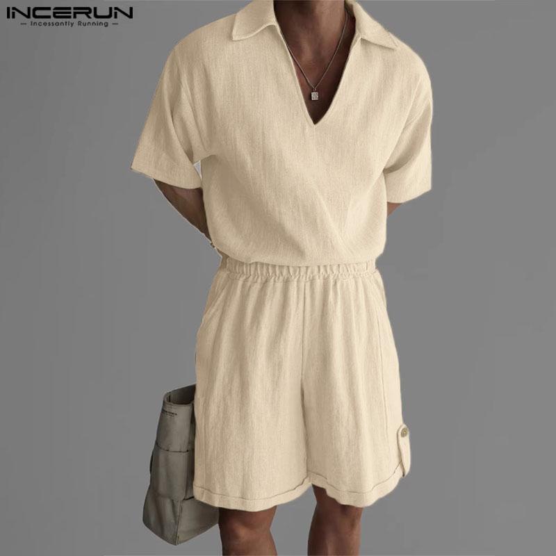 INCERUN Two Piece Suit Men V Neck Short Sleeve Shirts Shorts Casual Outfits Sets
