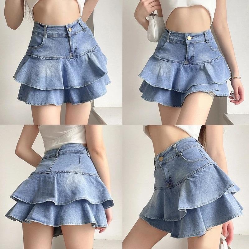 Vintage Spodenki Jeansowe Spódniczki Damskie Lato 2026 Streetwear Spierane Kawaii Urocze Seksowne Falbanki Mini Jeansowe Saias Damskie