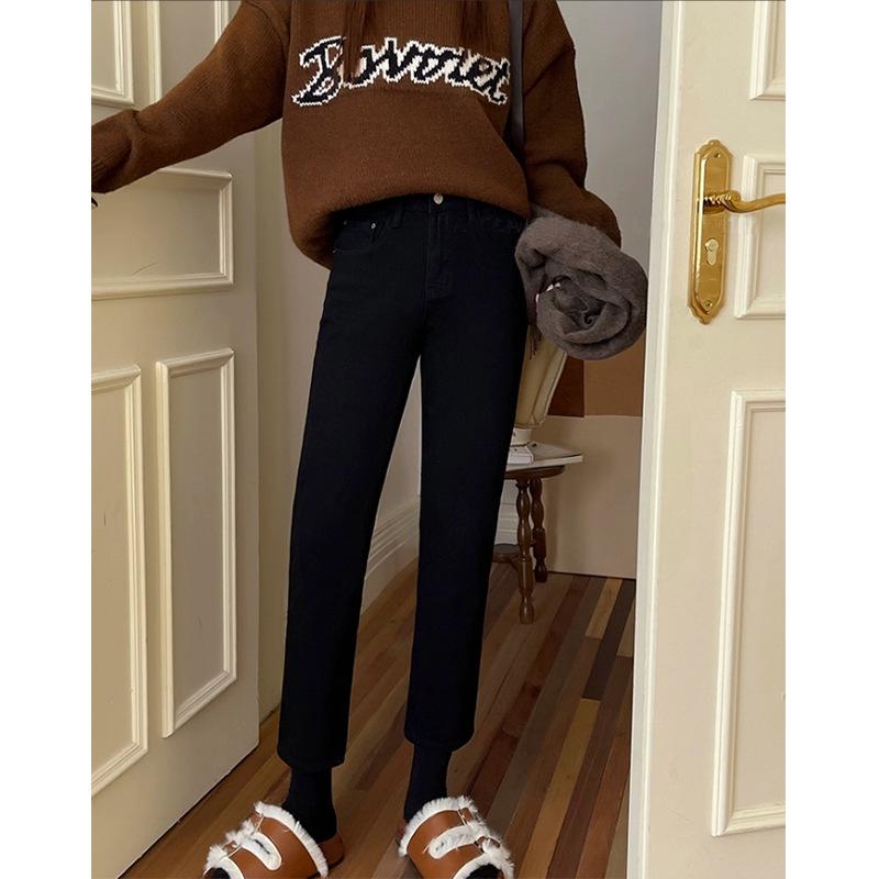 

Dai Jia Er Fleece-Lined Cigarette Pants: Winter Warm Black Jeans, Slim Straight-Leg Style, Versatile. S чёрный