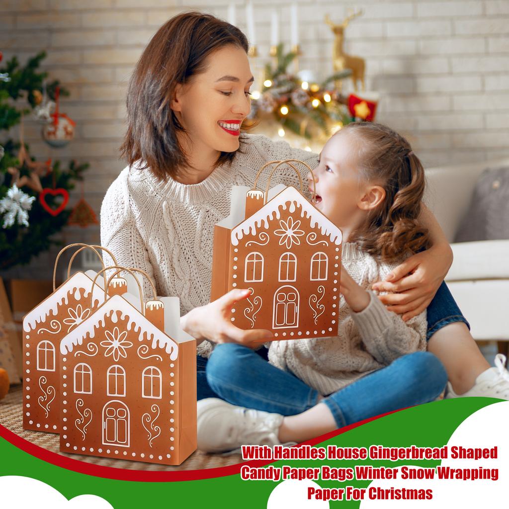 5Pcs Christmas Gingerbread House Gift Bags With Handles House Gingerbread Shaped Candy Paper Bags Winter Snow Wrapping Paper For Christmas