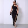 Damen Pailletten One-Shoulder Ärmelloses Schlitz Knöchellanges Bodycon Kleid