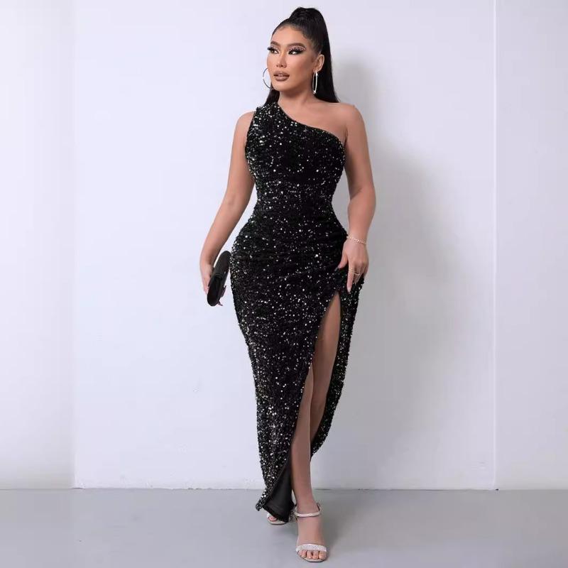 Damen Pailletten One-Shoulder Ärmelloses Schlitz Knöchellanges Bodycon Kleid