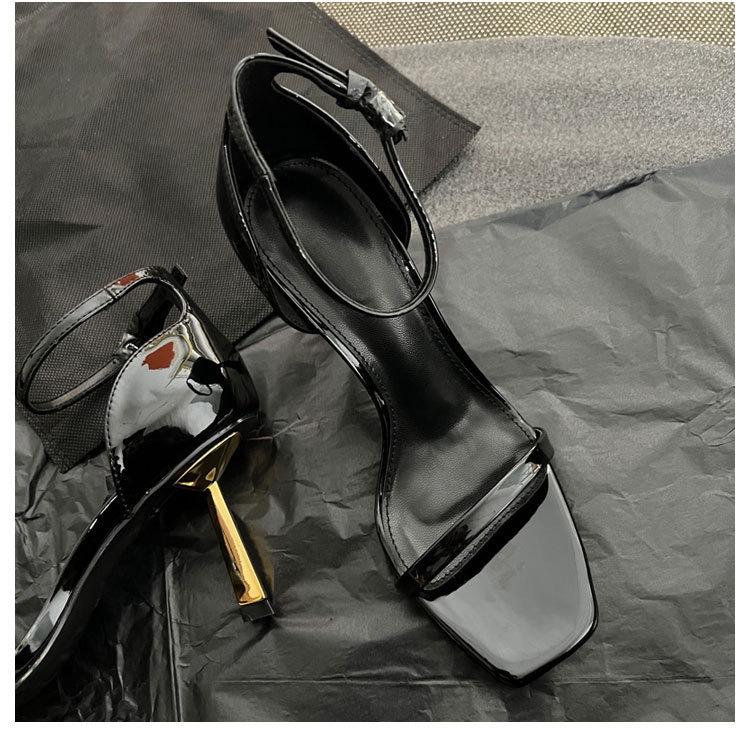 

2025 лето новые черные лаковые туфли-лодочки с квадратным носком на высоком каблуке-шпильке, женские сандалии-стилеты, универсальный золотой каблук, открытый носок 39