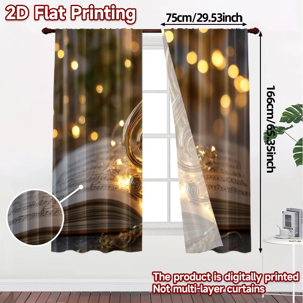 2pcs, 2D FLAT PRINTING Curtains (Without Rod) Golden Melody Light Filtering Popular Curtains Machine Washable Fabric Curtains