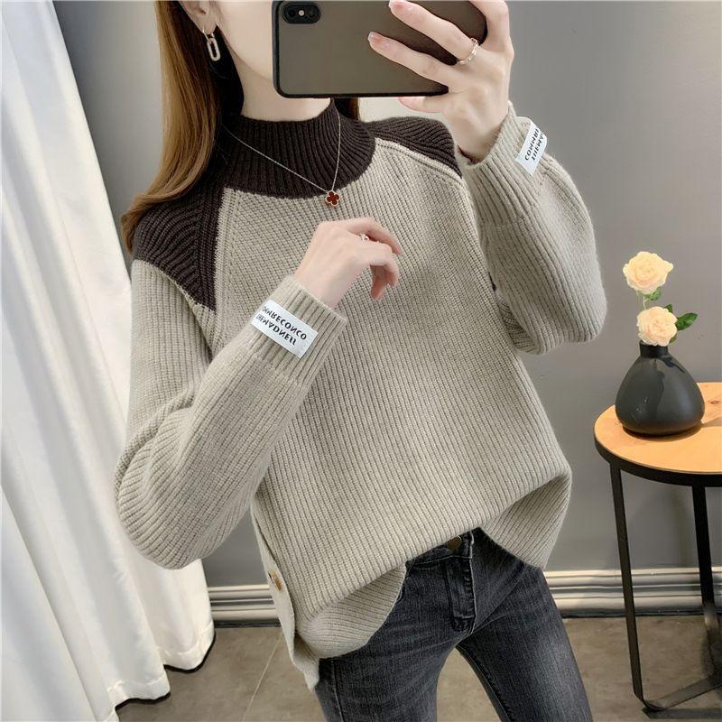 Damen Herbst und Winter Colorblock Rollkragenpullover Locker Modisch Vielseitig Basis Strick