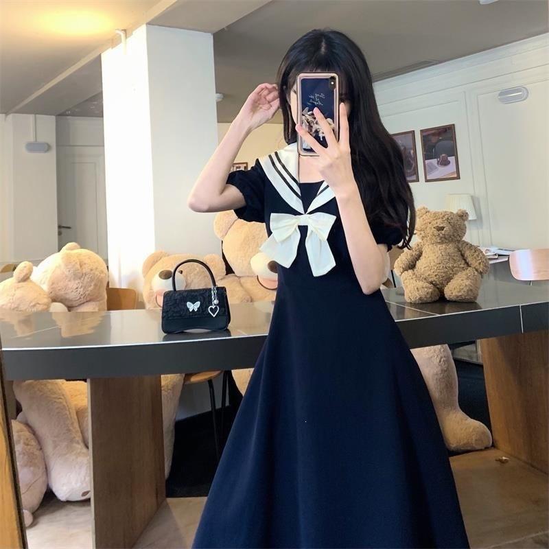 Large size college style embroidered short-sleeved dress is thin, covering the belly and slightly fat MM summer sailor suit waist a-word skirt