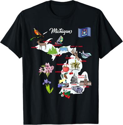 Illustrated Map of Michigan USA Cities Symbols T-Shirt