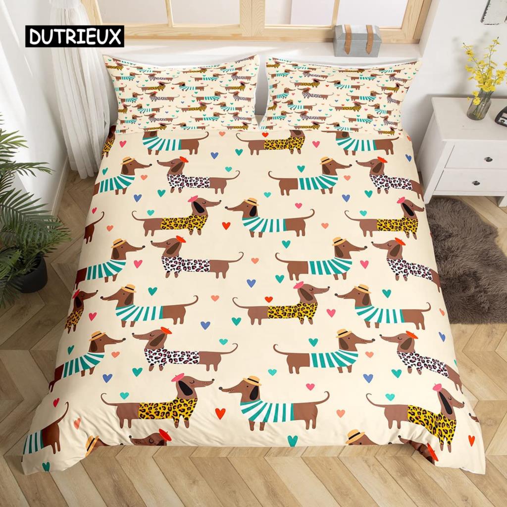 Cartoon Dachshund Bedding Set Cute Sausage Dog Duvet Cover Set Pet Puppy Printed Comforter Cover Animal Polyester Quilt Cover