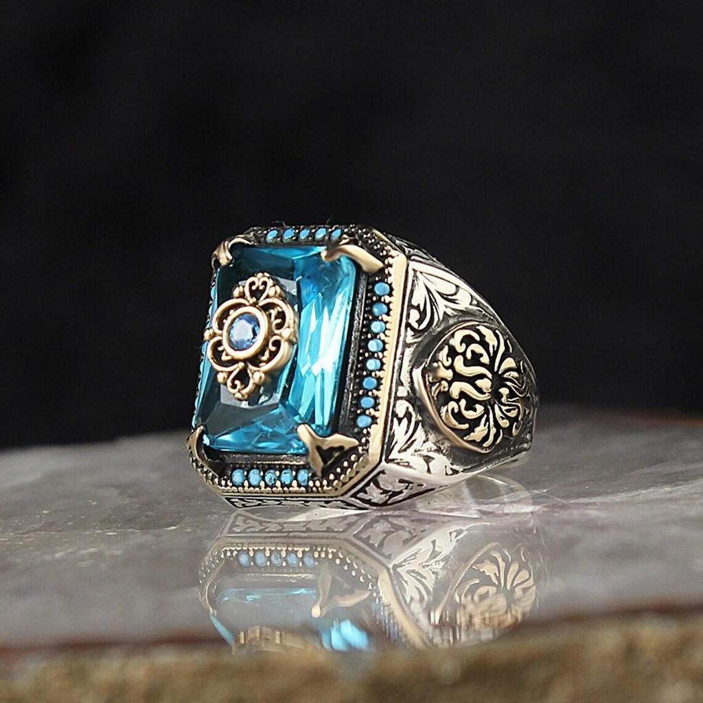 Retro Ethnic Style Sea Blue Zircon Ring for Men and Women