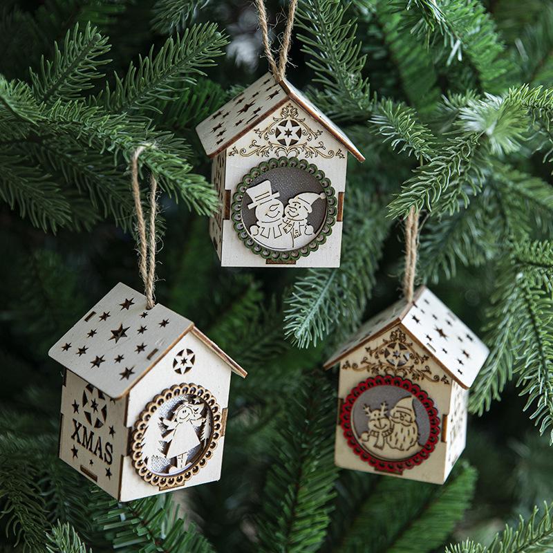 Christmas Tree Creative Decoration LED Colorful Lights Wooden House Hanging Pendants Ornaments for Home Christmas Party Accessor