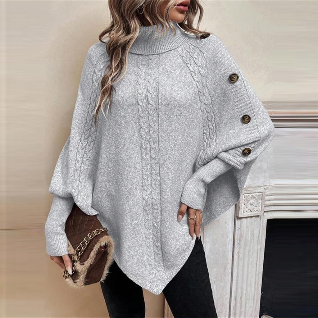 Women's Fashion Casual Cable Knit Turtleneck Button-Decorated Long Sleeve Sweater