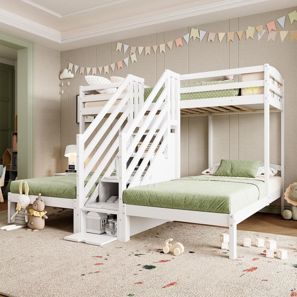 Etagenbett 90x200 3 Kinder EN747 zertifiziert Hochbett Holzbett Stauraumtreppe Jugendbett 3 Betten Lattenrost ohne Matratze Weiß