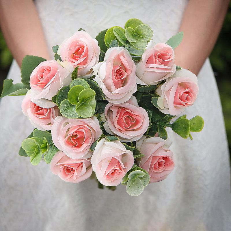 Artificial Bouquet Small Handle Rose Eucalyptus Leaves Home Decor Living Room Decoration Wedding Garden Simulated Flowers