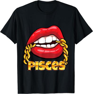 New Limited Lips Gold Chain Pisces Zodiac Sign T-Shirt Tops Tee