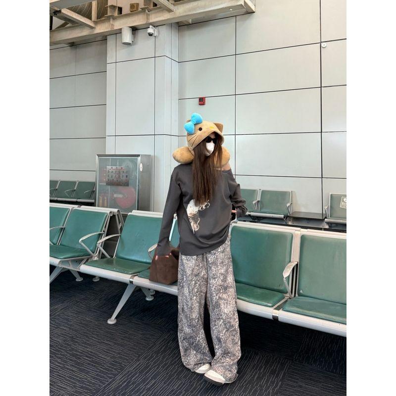 Kumikumi American Style Sexy Style Cat Printing Oblique Shoulder Long Sleeves Sweatshirt Female Autumn Loose Slim Fit Versatile Top