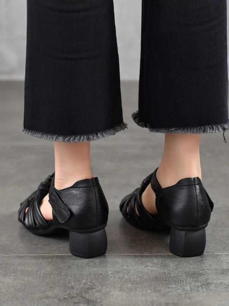 Johnature Genuine Leather Hand Woven Hollow-out Coarse Heel Sandals Retro Versatile High Heel Women's Shoes