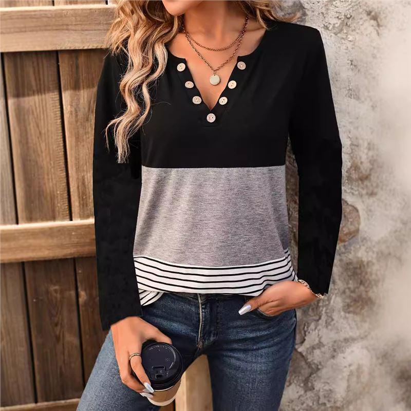 

Летняя женская футболка с длинным рукавом в полоску и цветовыми блоками - Новая мода, дышащая, повседневный топ L чёрный