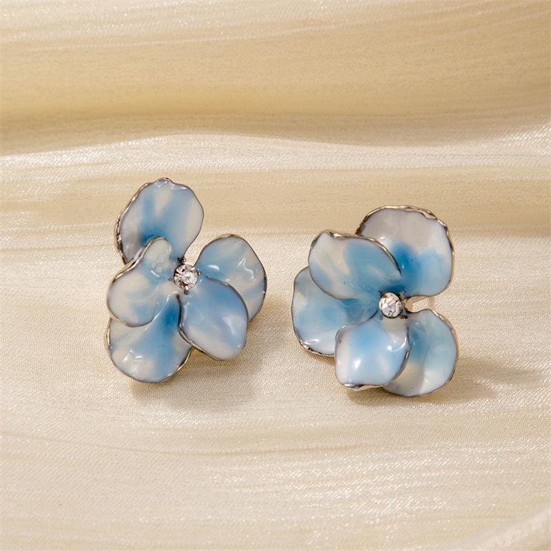 Red Blue Enamel Flower Stud Earrings for Women Korean Five Petals Crystal Flowered Lovely Cute Girls Ear Decoration