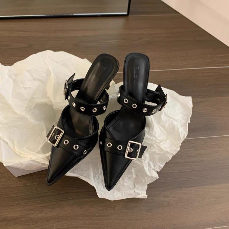 Fashion Summer New Baotou Sandals Women Fashion Chuck Shallow Mouth Rivets Metal Buckle Anti-slip Wear-resistant Fine Slippers