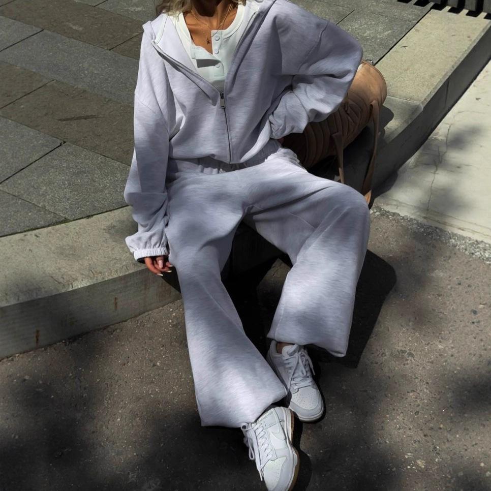Amazon Casual Suit Women's European and American Street Style Long-sleeved Hooded Cardigan Elastic Trousers Two-piece Set