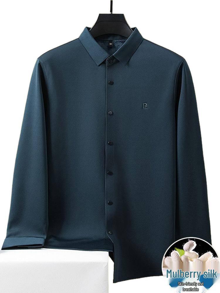 Pierre Cardin Men's Long Sleeve Mulberry Silk Shirt - Iron-Free, Plus Velvet, High-End Business Casual for Autumn/Winter