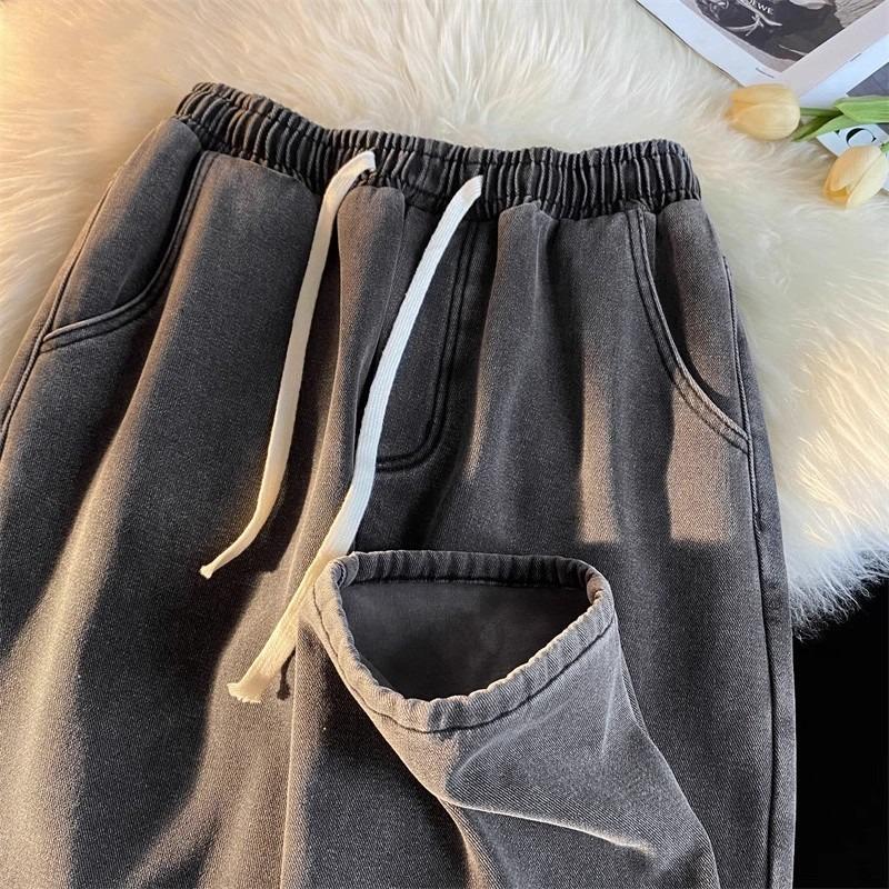 Fleece thickened jeans women's clothing, autumn and winter clothing, new student handsome elastic waist straight trousers