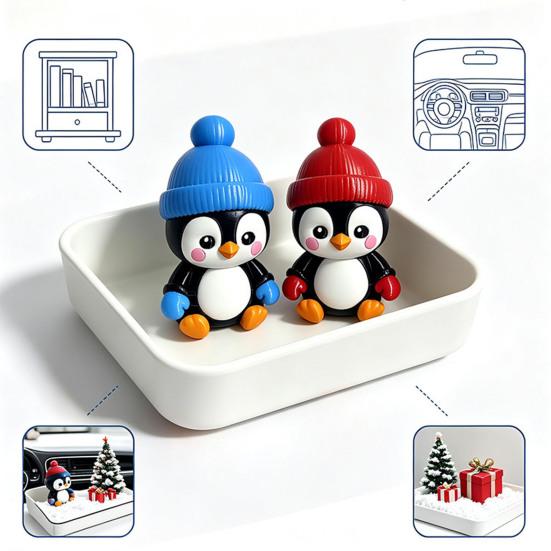 Small Penguin Figurine Cute with Knit Hat, 3D Printed Cartoon Holiday Gift for Friends Animal Statue Christmas Desktop Ornament, Car Dashboard
