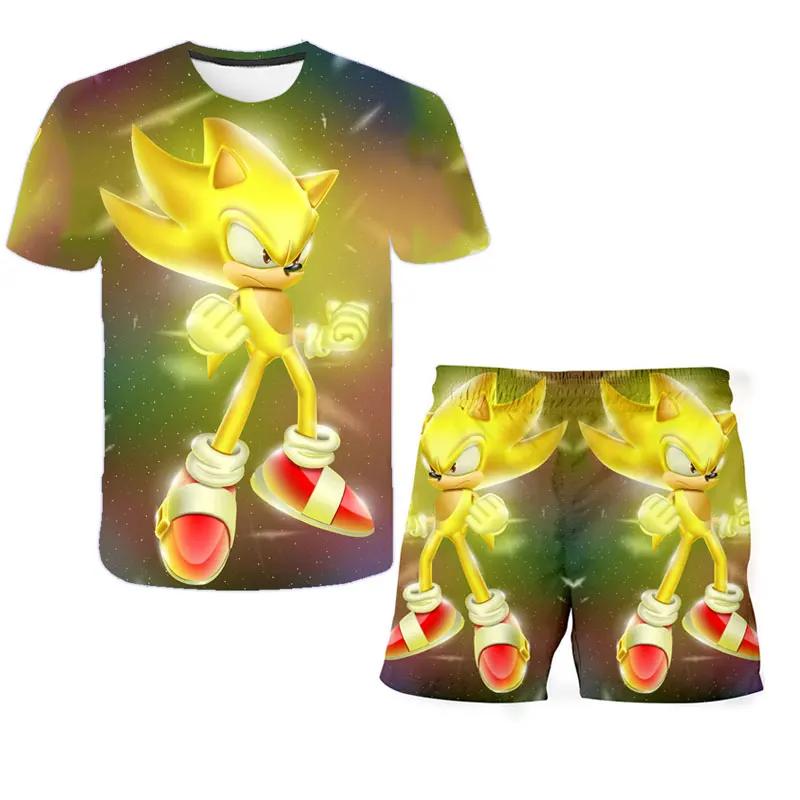 2025 MINISO New boys and girls super sonic Tshirts+shorts  Harajuku Sonic print suit T-shirt + shorts fashion street style children's short sleeves