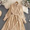 Mode Lässig Khaki Spitze Hemd Kleid frauen Laterne Hülse Einreiher Blumen Gürtel Aushöhlen Häkeln Party Kleider