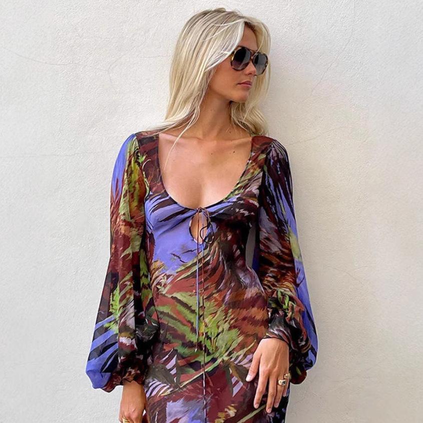 European And American New Sexy Women'S Printed Retro Lantern Sleeve Dress