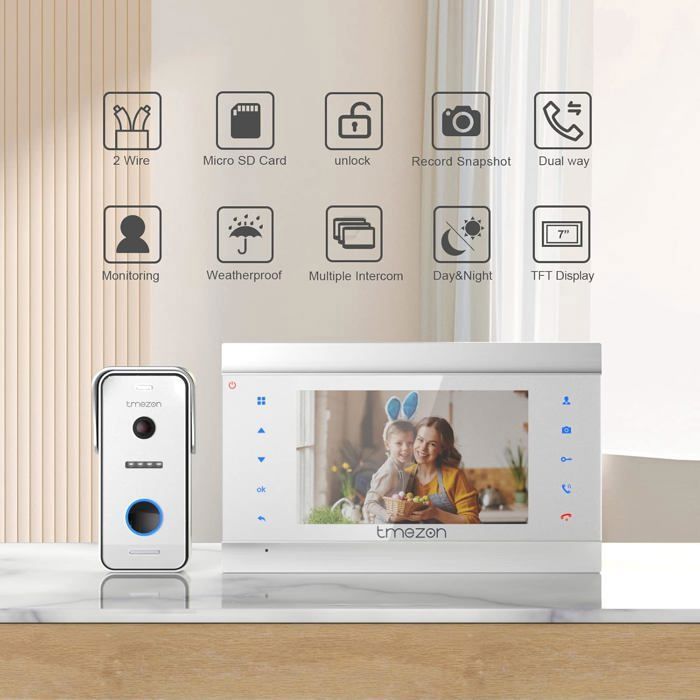 Wired Video Doorbell - 7 Inches - Night Vision - IP 65 Waterproof - 2 Wires
