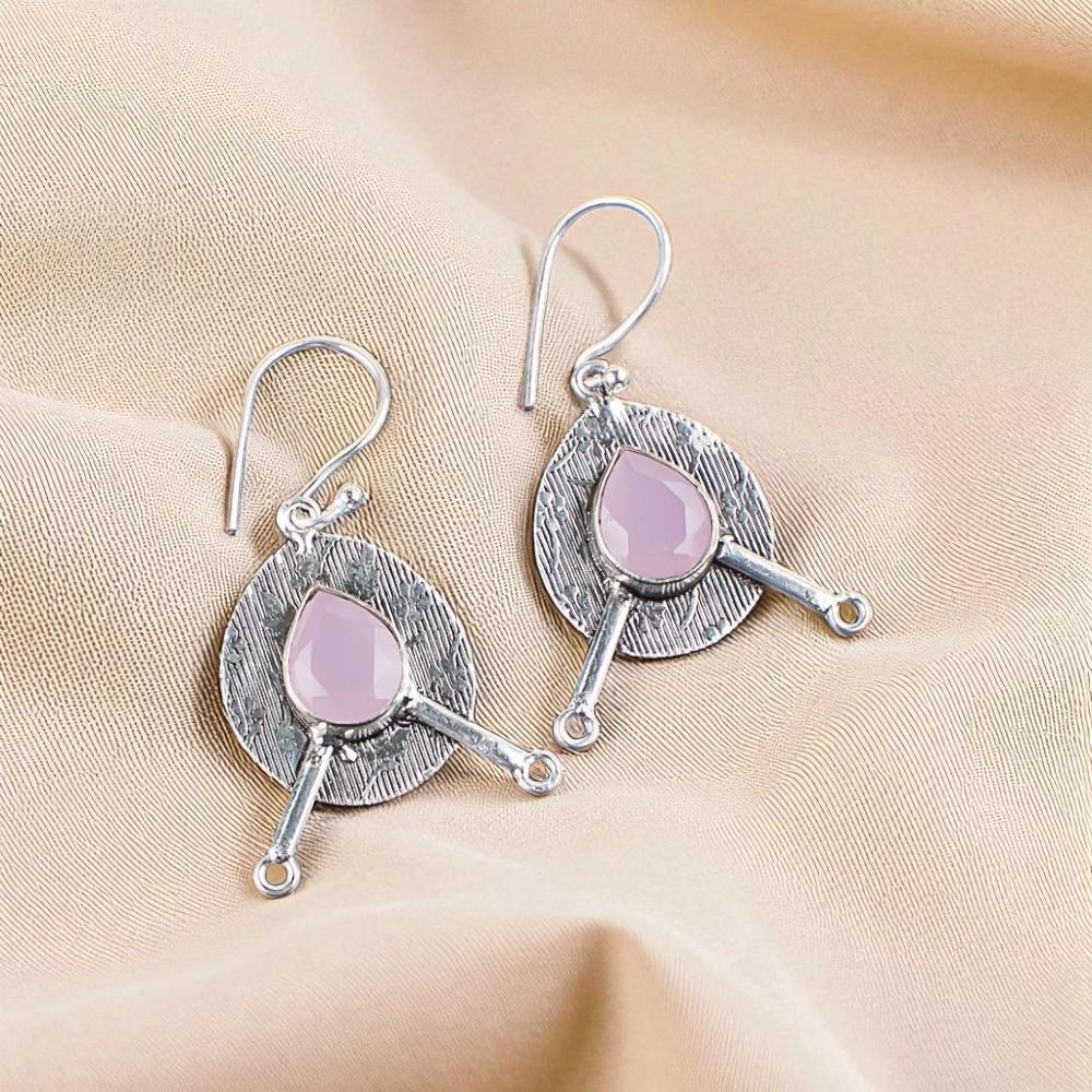 Rose Chalcedony Gemstone 925 Sterling Silver Jewelry Handcrafted Earrings 1.86" EE-78-16