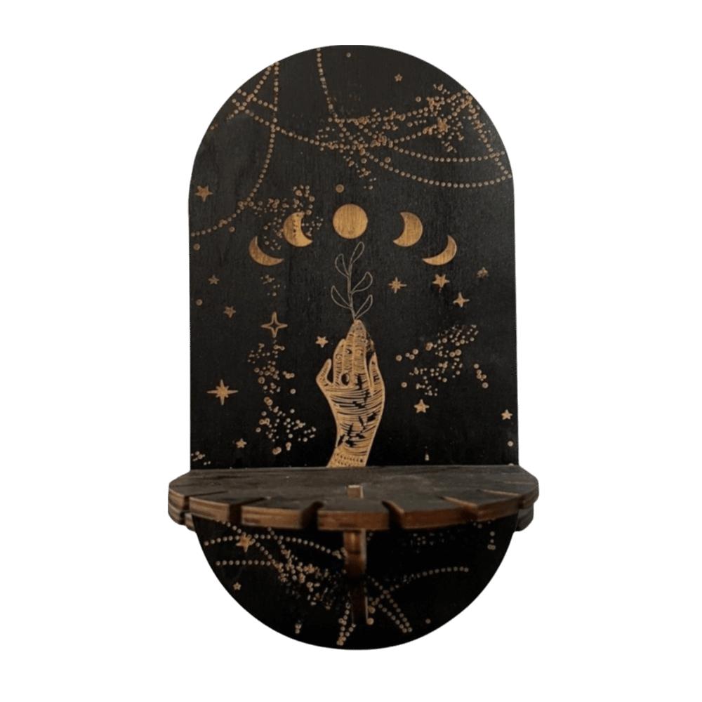 Gothic Wooden Wall Mounted Shelf Sun Moon Butterfly Wall Storage Rack Hanging Design 2D Printed Wall Decoration Bedroom