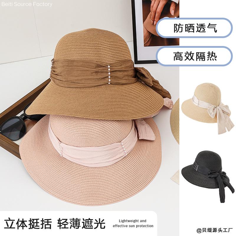 Hat Female Sunshade Sunscreen Raffia Straw Hat Outdoor Fashion Bow Streamer Bucket Hat