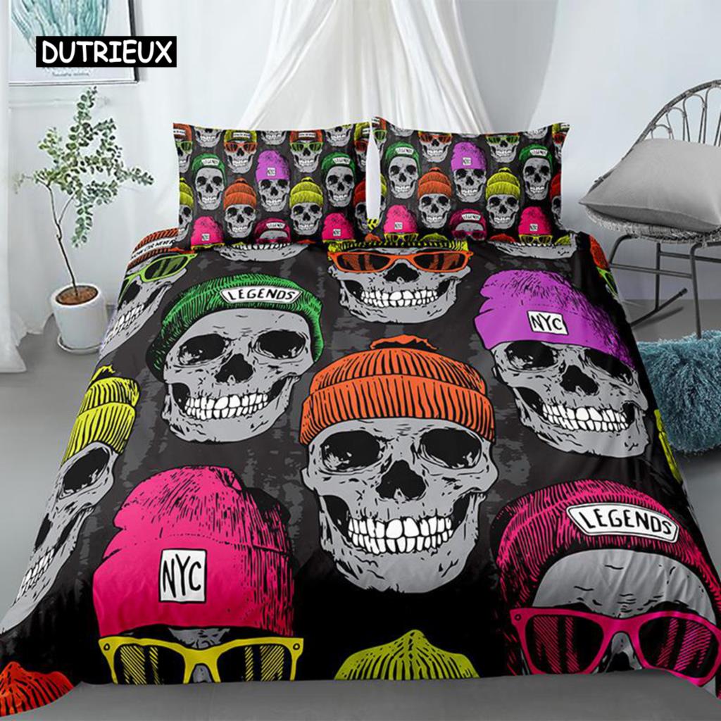 3D Skull Duvet Cover Set Colorful Skull Gothic Watercolor Tie Dye Comforter Cover Microfiber Sugar Skull Queen Size Bedding Set