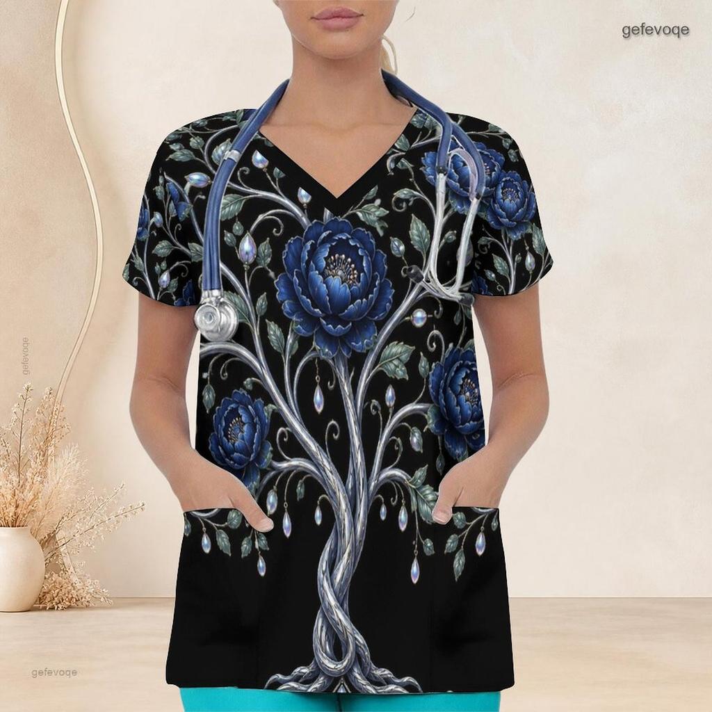 Women Plus Size Dark Green Printed Scrub Top V Neck Short Sleeve With Front Pockets