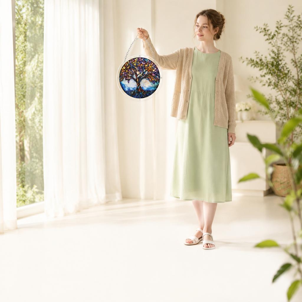 Round Tree of Life Hanging Window Decoration Acrylic Puzzle Sun Catcher Garden Ornament with Chain for Indoor Outdoor Display